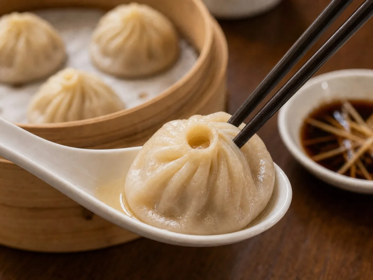 Shanghai xiaolongbao on a spoon showing thin wrapper and broth timing