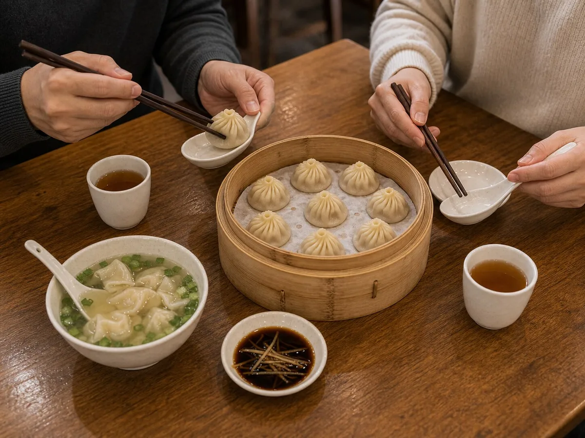 Shared Shanghai xiaolongbao table with vinegar ginger and light wonton soup
