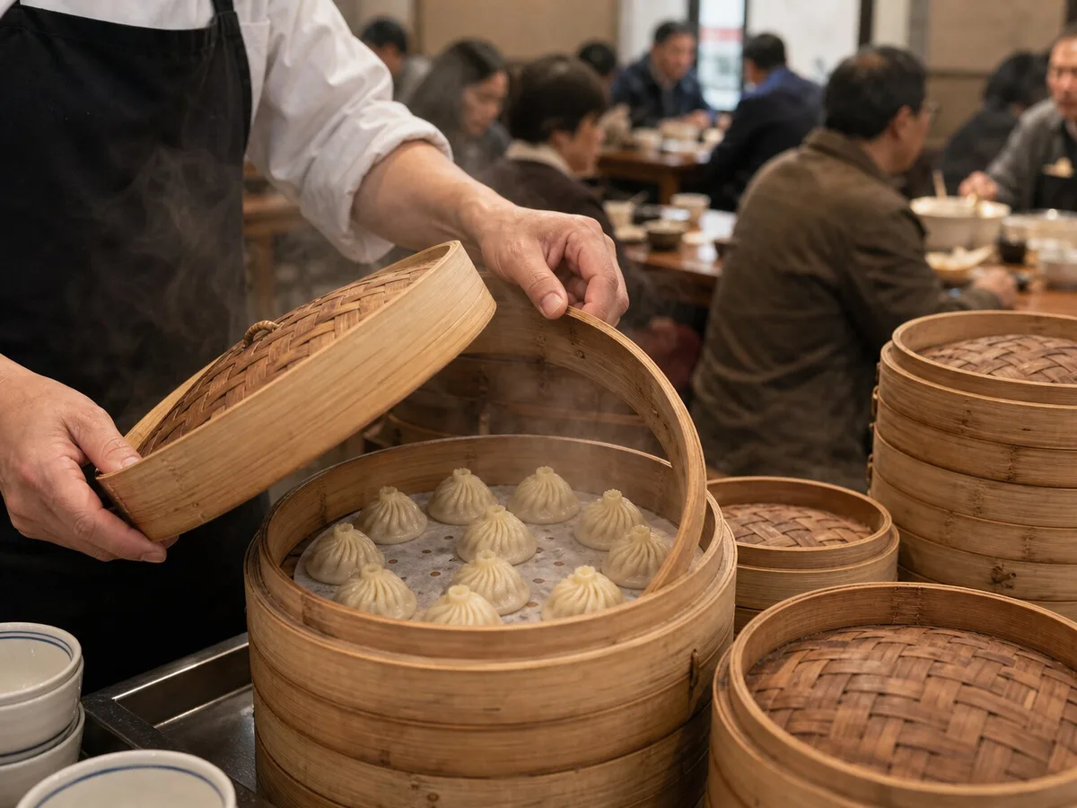 Cook opening a bamboo steamer of fresh Shanghai xiaolongbao in a busy restaurant