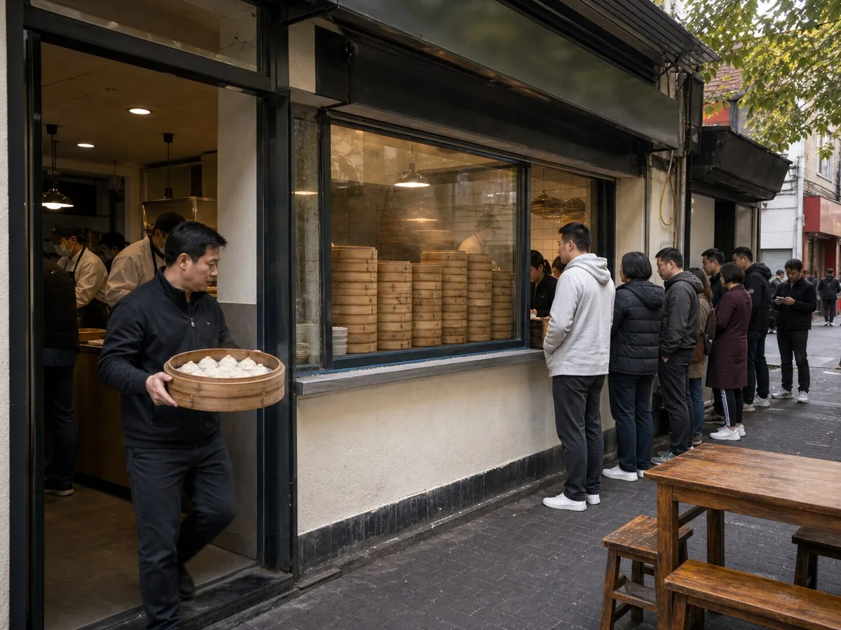 Small Shanghai xiaolongbao shop with customers queueing and bamboo steamers visible
