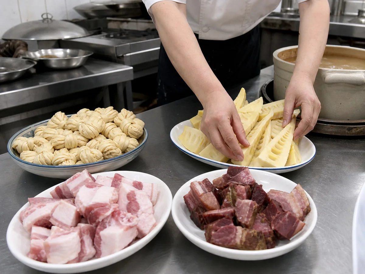 Cook preparing fresh pork, cured pork, bamboo shoots, and tofu-skin knots for yanduxian