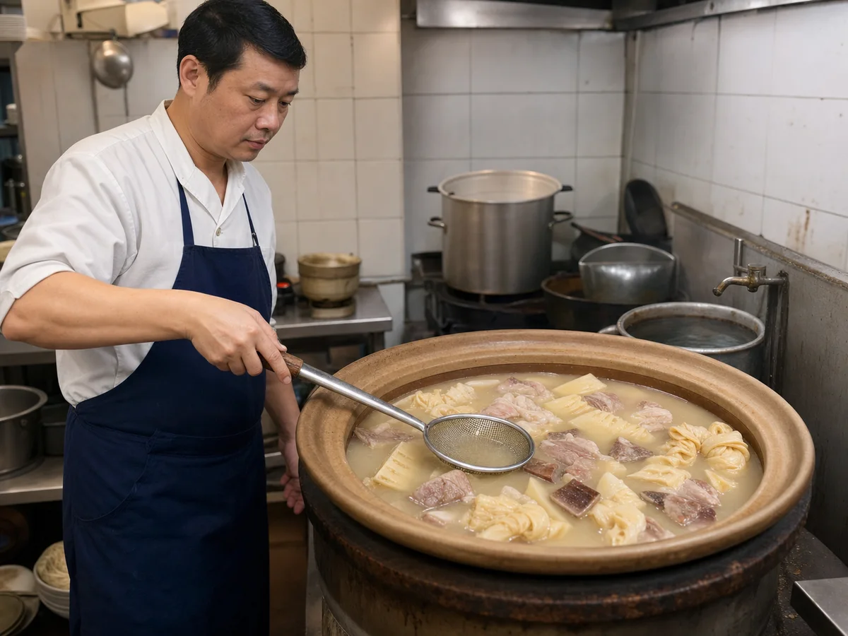 Shanghai restaurant cook skimming a large clay pot of slowly simmered yanduxian soup
