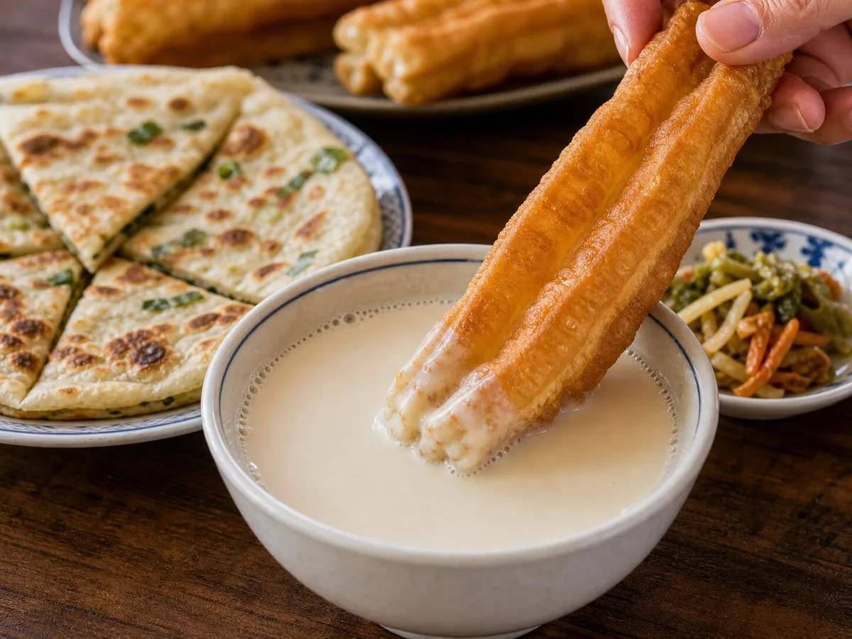 Fresh youtiao being dipped into warm soy milk on a Shanghai breakfast table