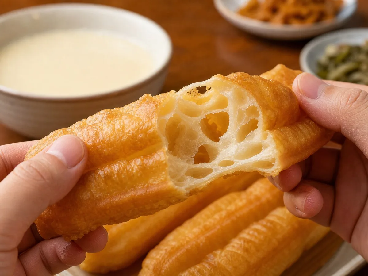 Fresh youtiao torn open to show airy hollow fried dough texture
