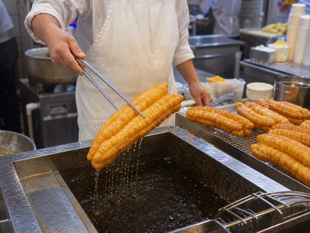Cook lifting freshly fried youtiao from a breakfast shop fryer