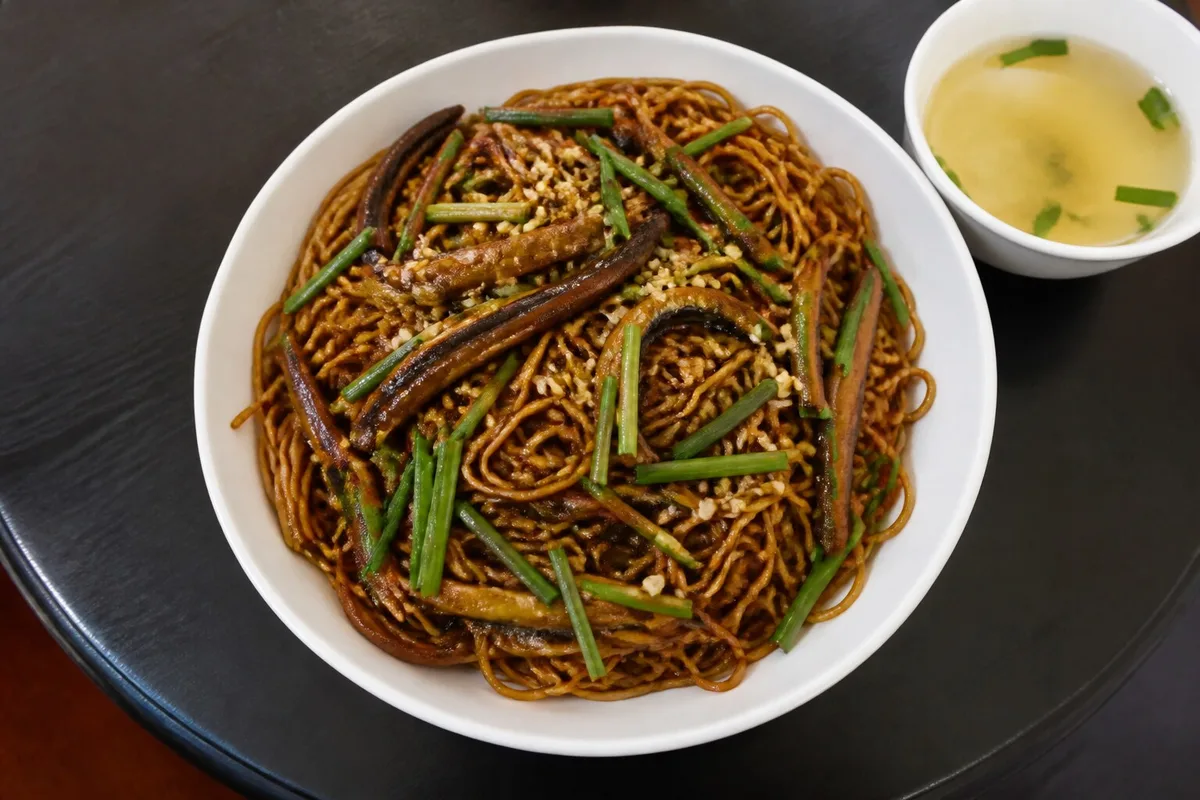 Top view of Shanghai shredded eel noodles with garlic, pepper, and chives