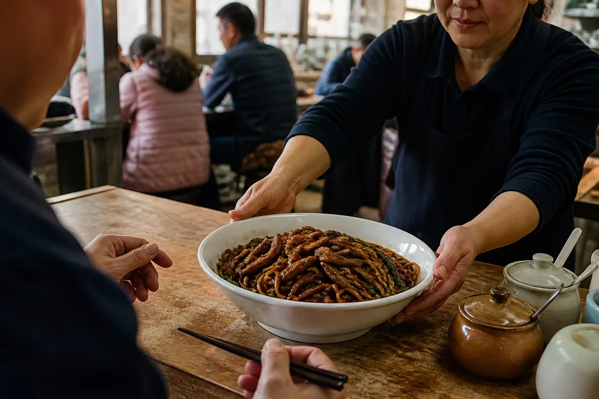 Server bringing Shanghai shredded eel noodles to a restaurant table