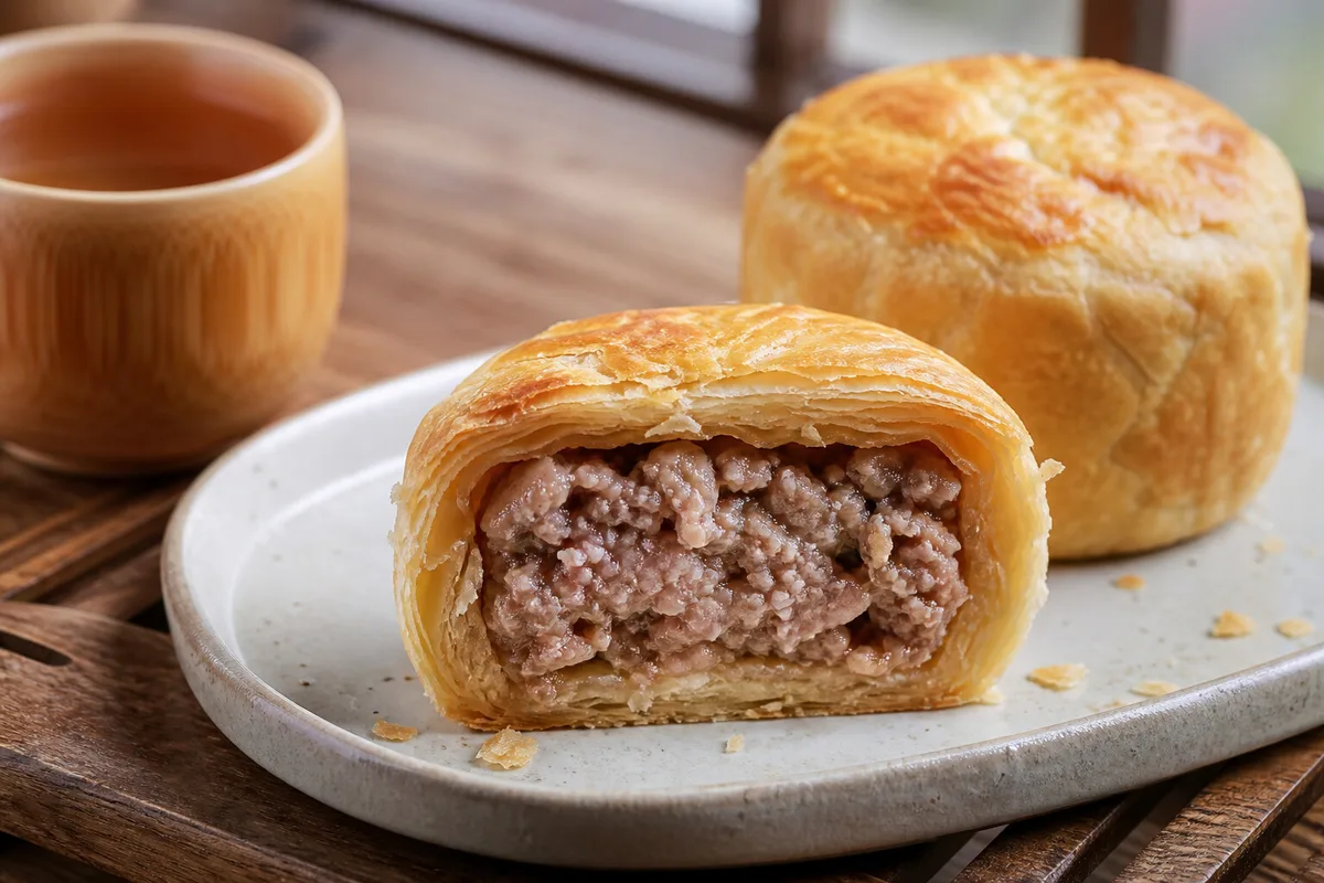 Cut Shanghai fresh meat mooncake showing juicy pork filling and flaky pastry
