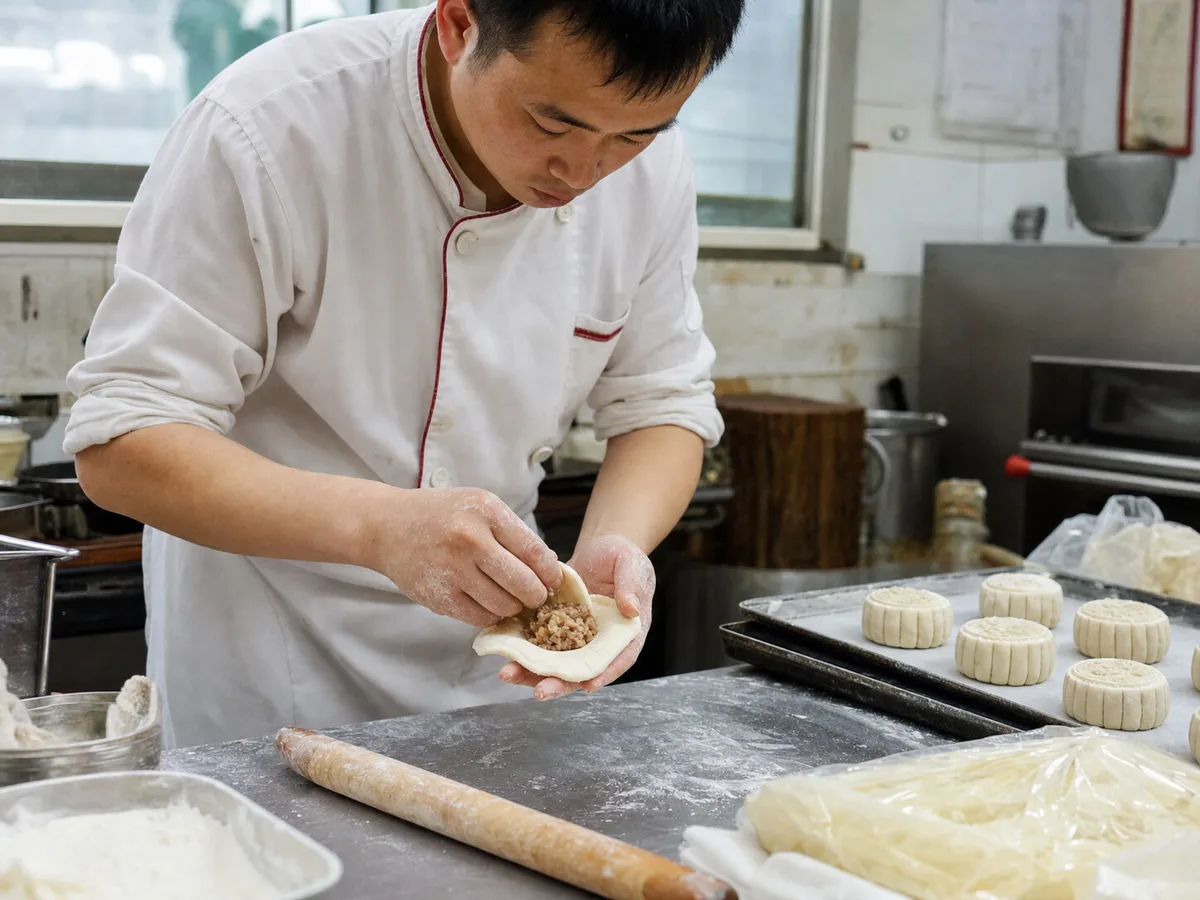 Shanghai pastry chef wrapping pork filling for fresh meat mooncakes