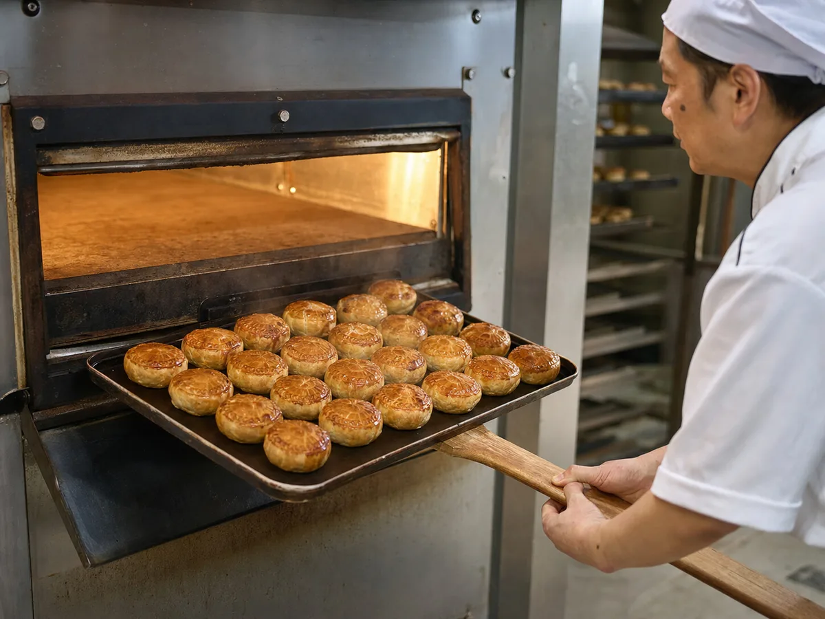 Fresh Shanghai meat mooncakes coming from a bakery oven