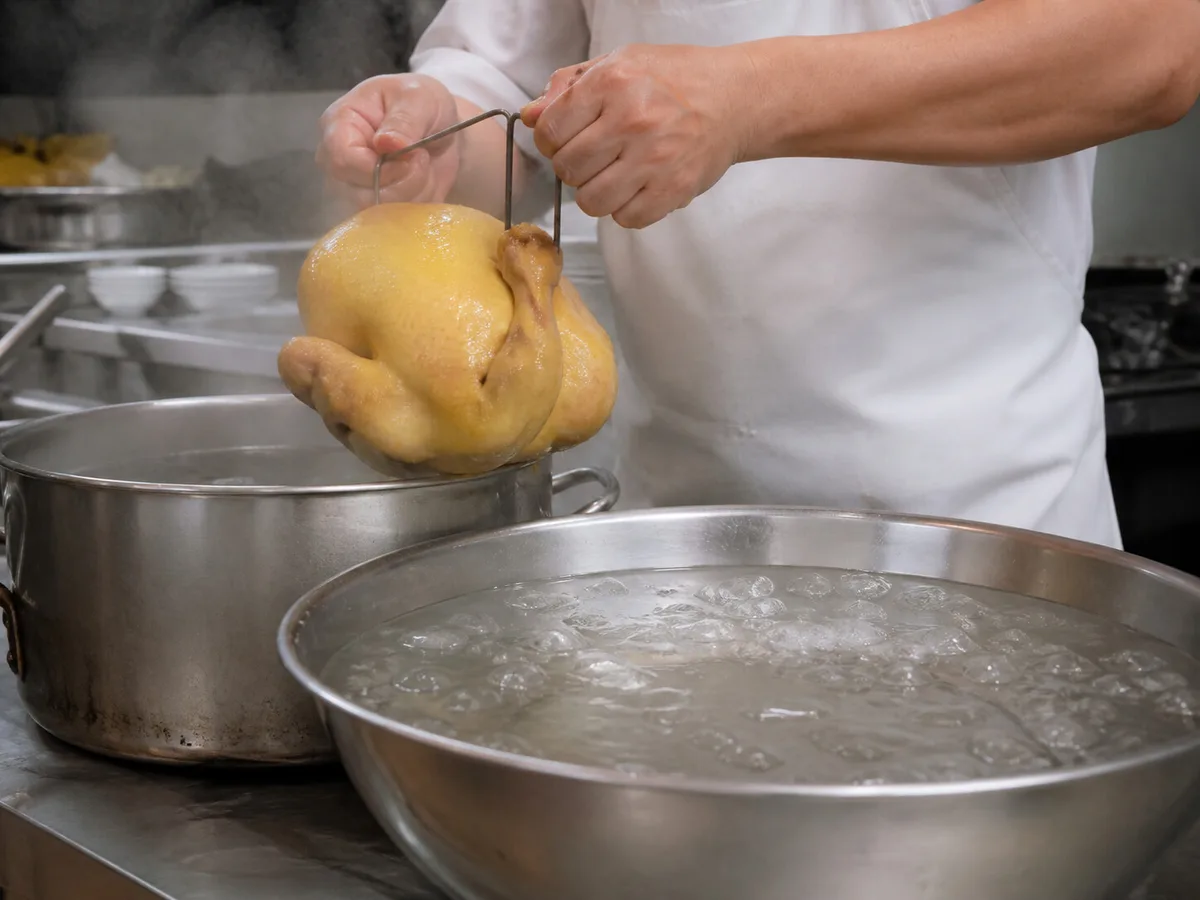 Cook cooling poached chicken for Shanghai sliced cold chicken
