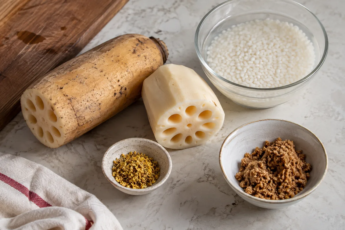 Lotus root, soaked sticky rice, osmanthus and sugar before preparation