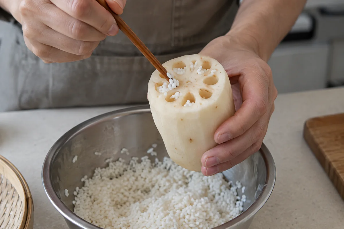 Hands guiding sticky rice into the channels of a peeled lotus root