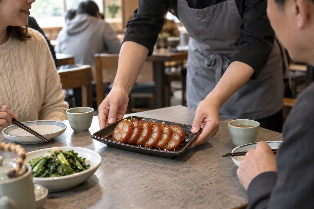 Server bringing osmanthus sticky rice lotus root to a shared meal
