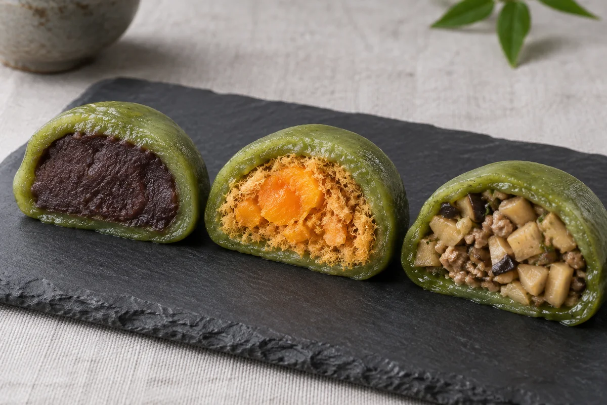 Cut Shanghai qingtuan with red bean, salted egg yolk pork floss, and savory bamboo shoot fillings