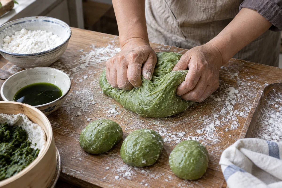 Baker kneading naturally green glutinous rice dough for Shanghai qingtuan