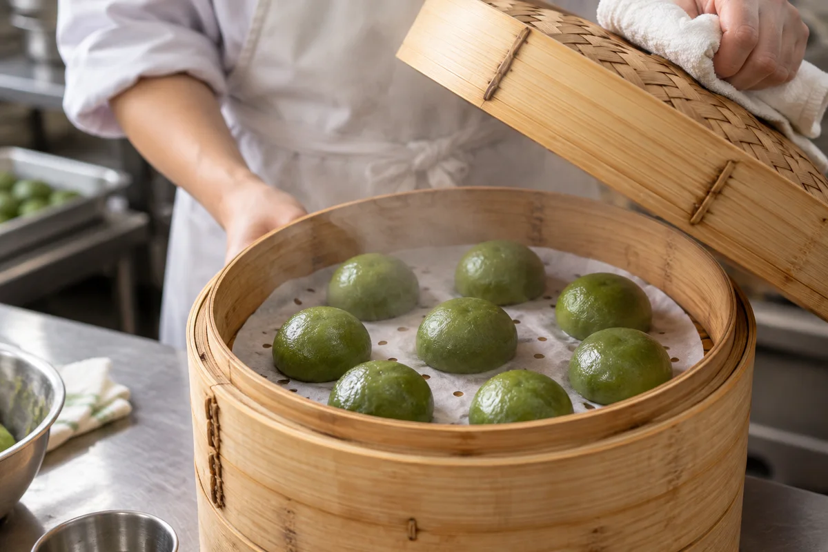 Freshly steamed Shanghai qingtuan in a bamboo steamer