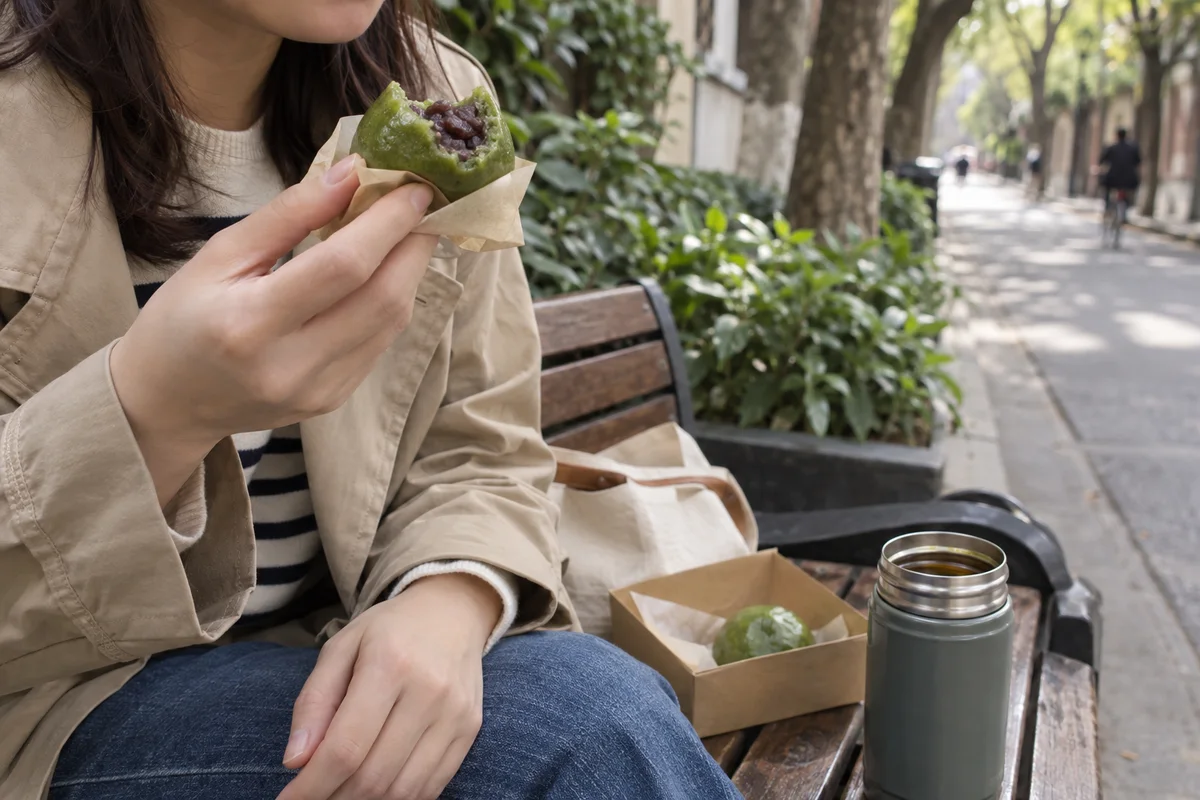 Visitor eating a red bean Shanghai qingtuan beside a leafy city lane