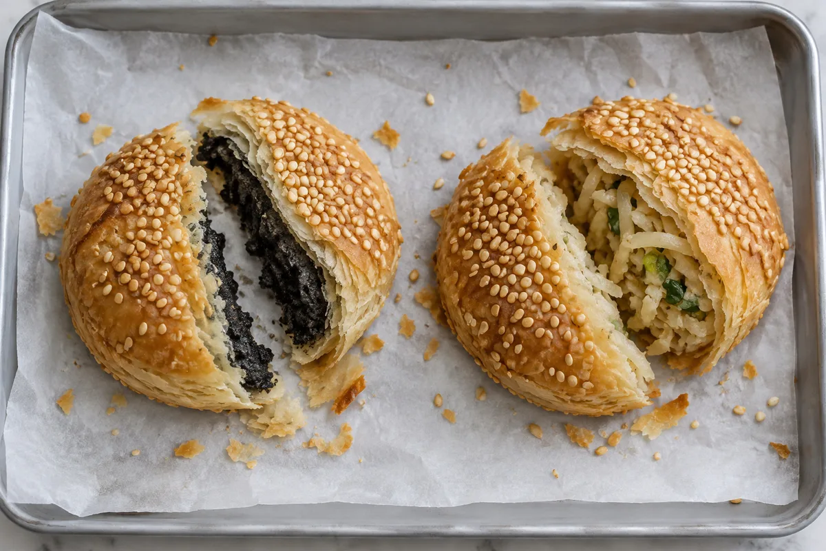 Opened xiekehuang pastries with black sesame and shredded radish fillings