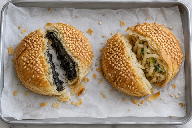 Opened xiekehuang pastries showing black sesame and shredded radish fillings