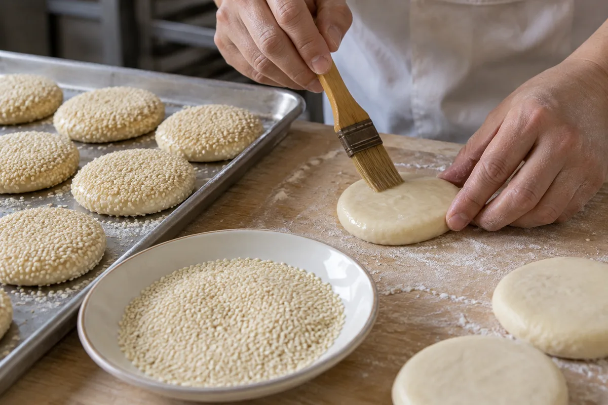 Baker preparing small sesame-coated xiekehuang dough discs