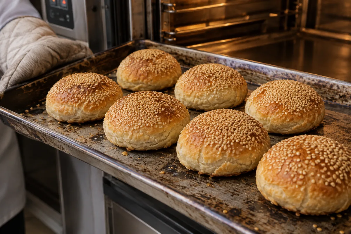 A tray of golden xiekehuang pastries coming out of the oven