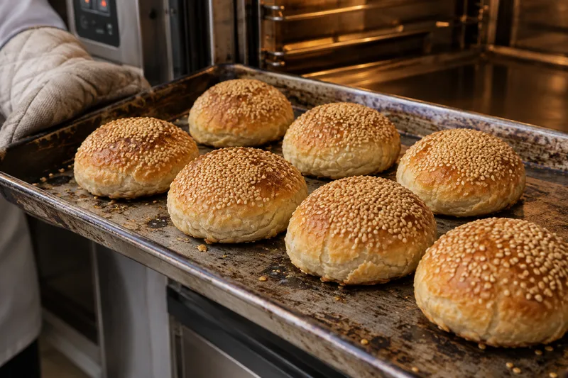 Golden sesame xiekehuang pastries on a tray at the oven