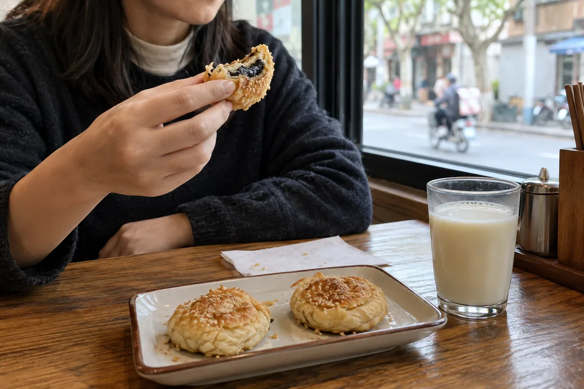 Diner eating a sesame xiekehuang pastry with soy milk at breakfast