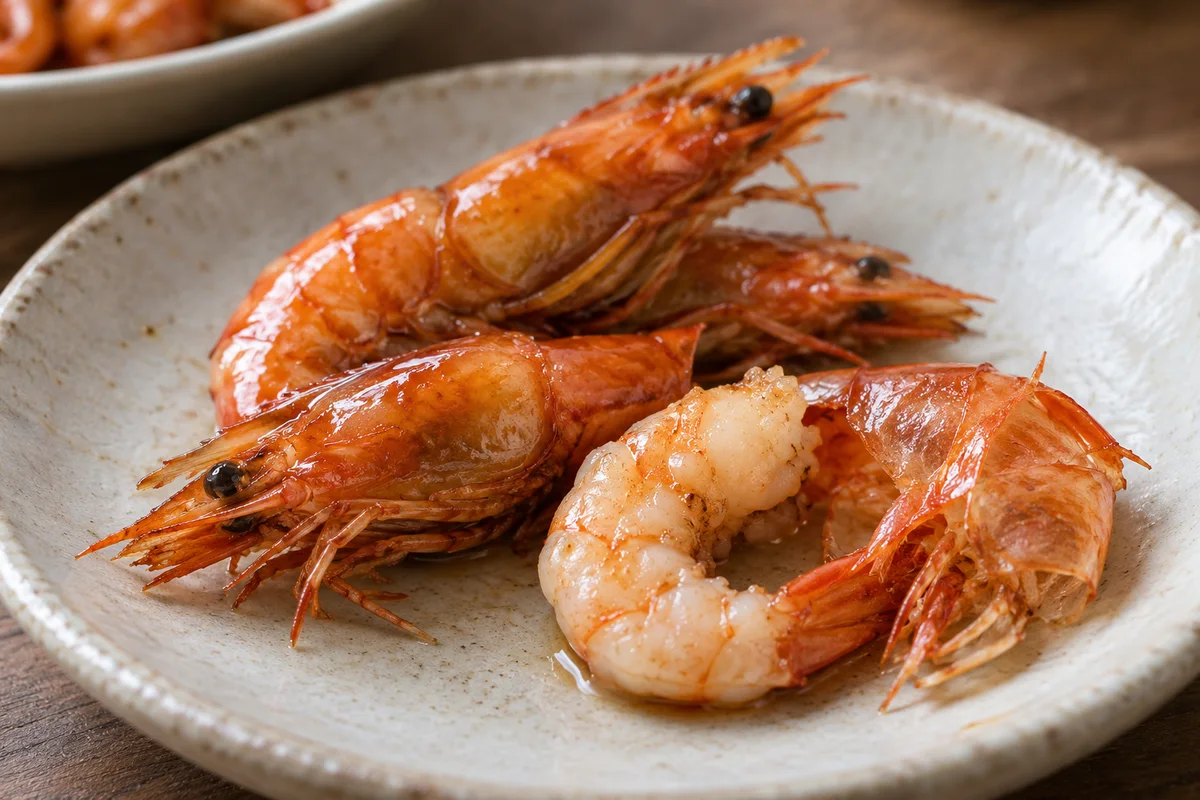 Peeled cooked shrimp meat beside whole quick-fried shrimp and a removed shell