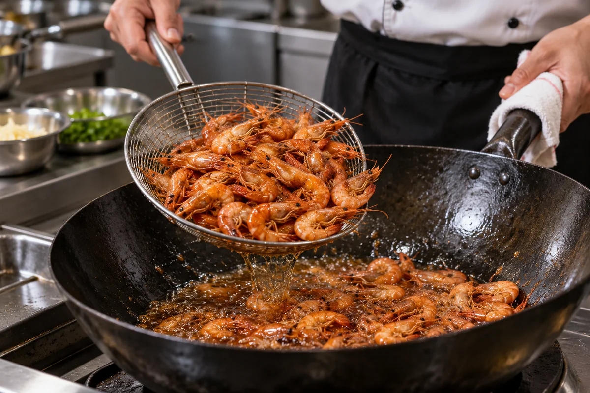 Cook lifting fried shell-on shrimp from a wok with a wire spider