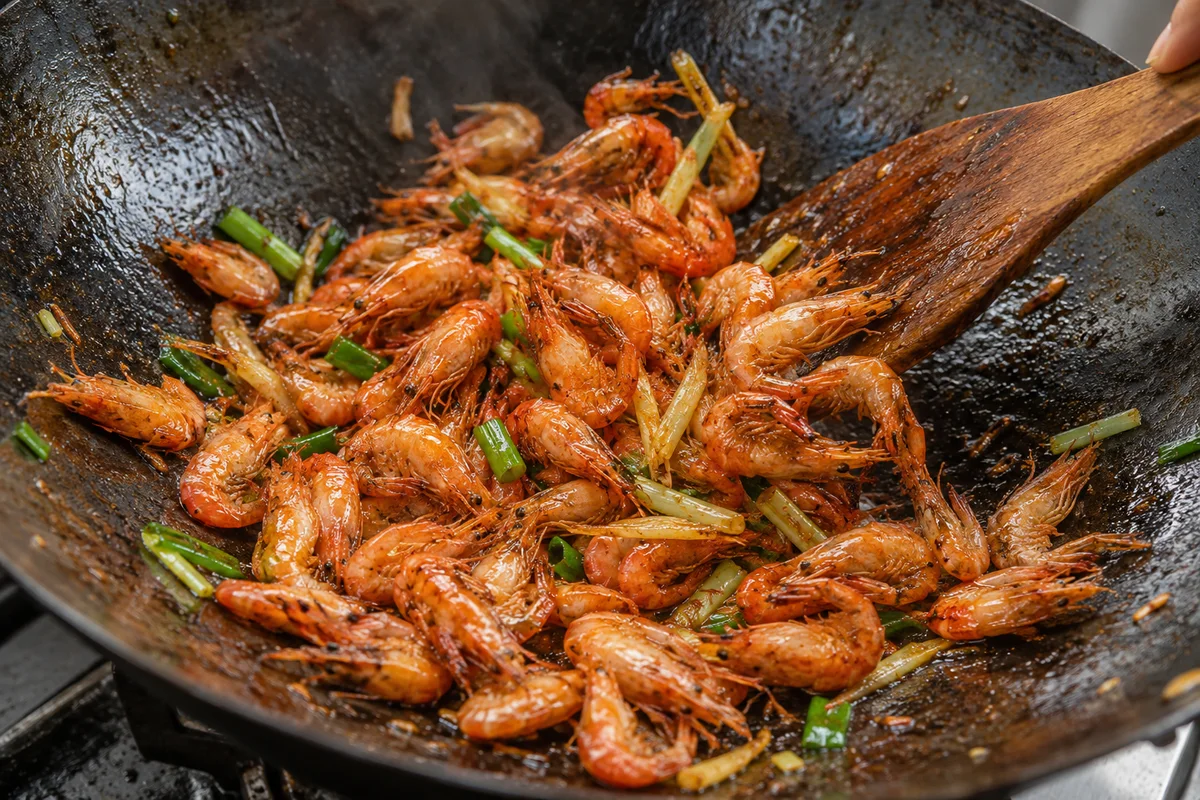 Quick-fried shell-on shrimp being tossed with a small amount of sauce in a wok